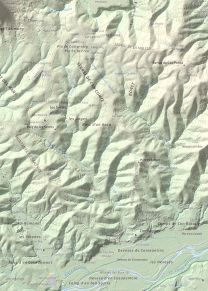 Mapa de relieve de Sant Roc, 598 m, Garrotxa · Gironès · Selva, lámina 100 Cims de Trobart. Detalle de la zona inferior derecha. 50 × 70 cm.