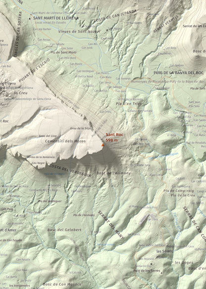 Mapa de relieve de Sant Roc, 598 m, Garrotxa · Gironès · Selva, lámina 100 Cims de Trobart. Detalle de la zona central. 50 × 70 cm.