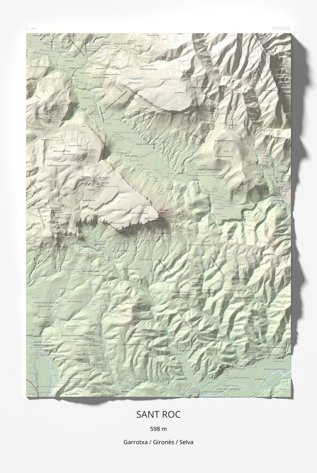 Mapa de relieve de Sant Roc, 598 m, Garrotxa · Gironès · Selva, lámina 100 Cims de Trobart 61 × 91 cm.