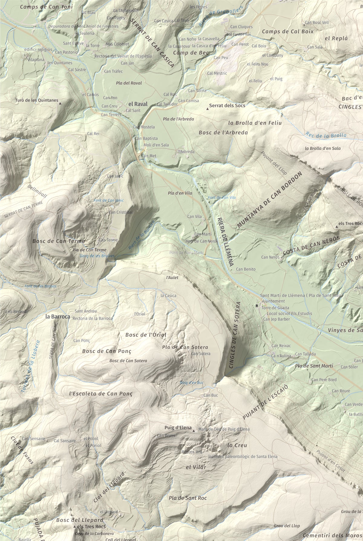 Mapa de relieve de Sant Roc, 598 m, Garrotxa · Gironès · Selva, lámina 100 Cims de Trobart. Detalle de la zona superior izquierda. 61 × 91 cm.