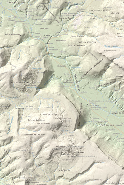 Mapa de relieve de Sant Roc, 598 m, Garrotxa · Gironès · Selva, lámina 100 Cims de Trobart. Detalle de la zona superior izquierda. 61 × 91 cm.