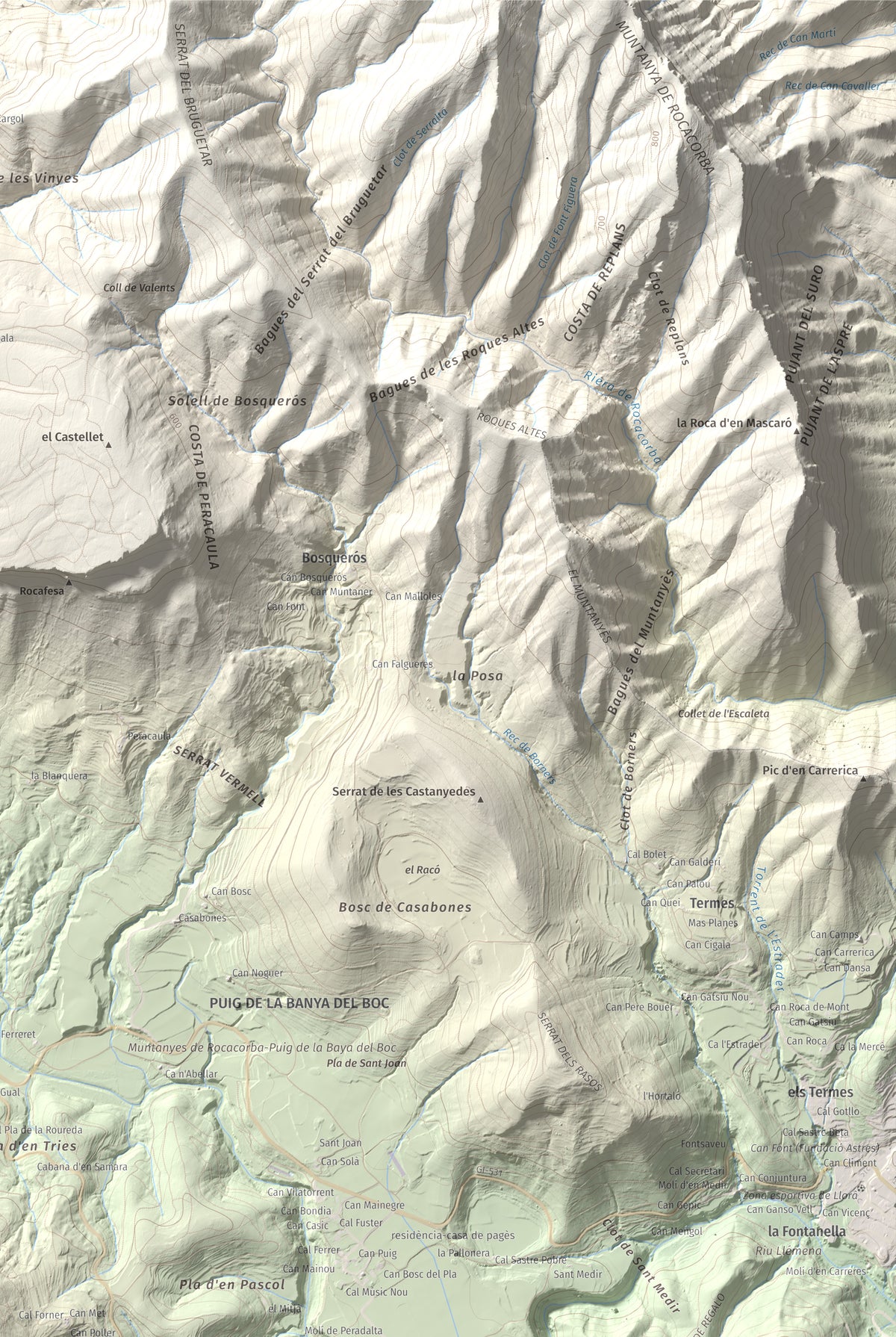 Mapa de relieve de Sant Roc, 598 m, Garrotxa · Gironès · Selva, lámina 100 Cims de Trobart. Detalle de la zona superior derecha. 61 × 91 cm.