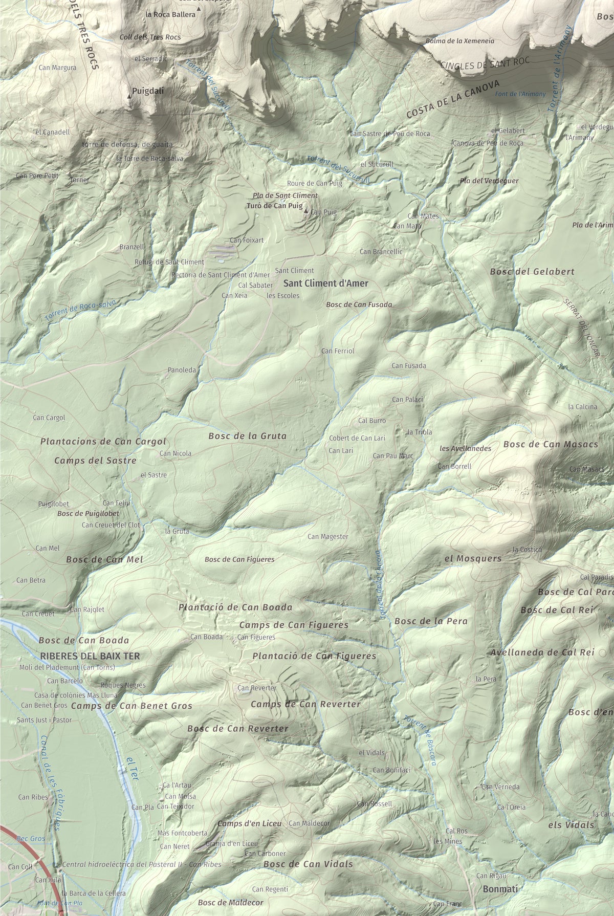 Mapa de relieve de Sant Roc, 598 m, Garrotxa · Gironès · Selva, lámina 100 Cims de Trobart. Detalle de la zona inferior izquierda. 61 × 91 cm.