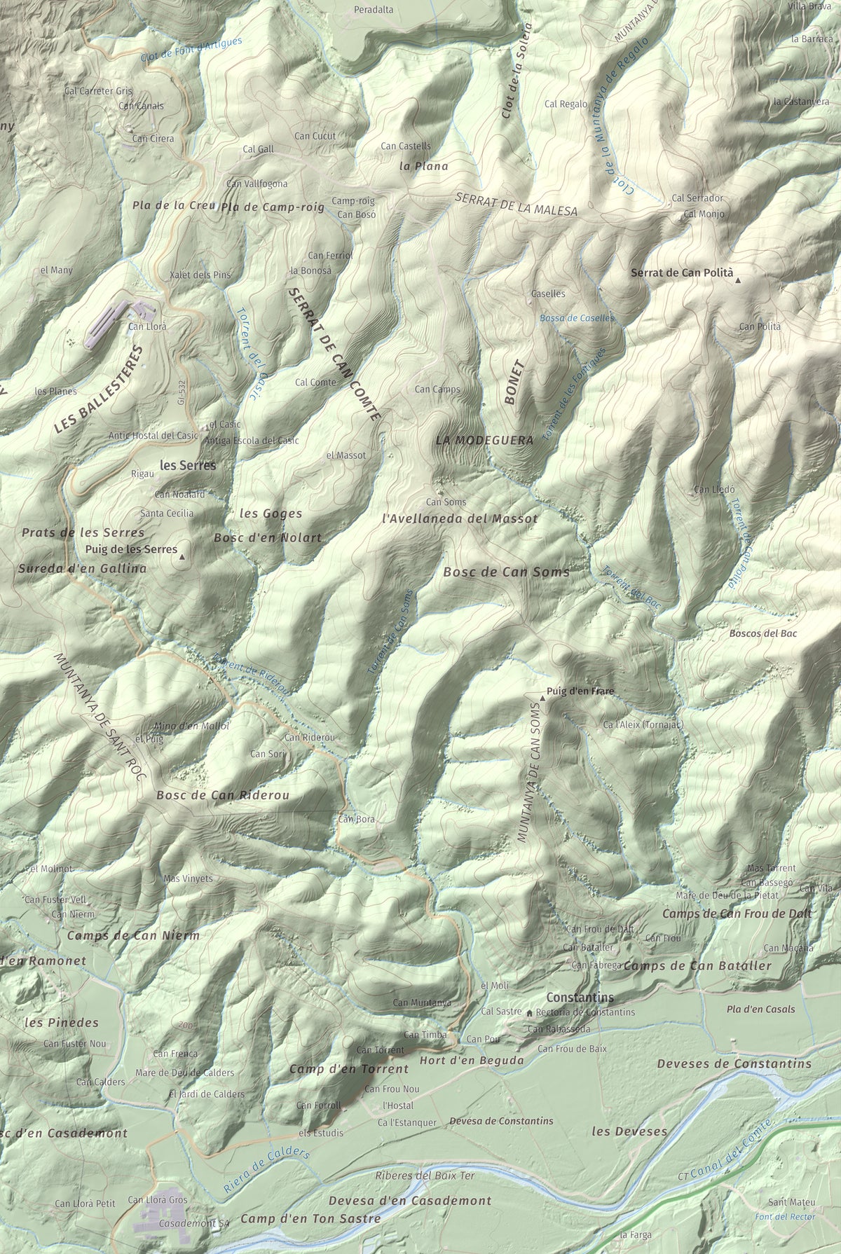 Mapa de relieve de Sant Roc, 598 m, Garrotxa · Gironès · Selva, lámina 100 Cims de Trobart. Detalle de la zona inferior derecha. 61 × 91 cm.