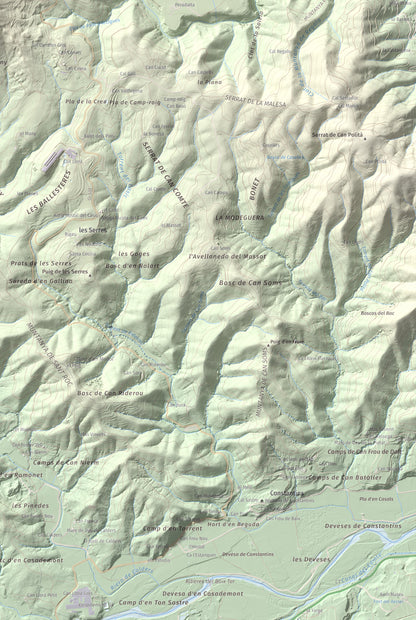 Mapa de relieve de Sant Roc, 598 m, Garrotxa · Gironès · Selva, lámina 100 Cims de Trobart. Detalle de la zona inferior derecha. 61 × 91 cm.