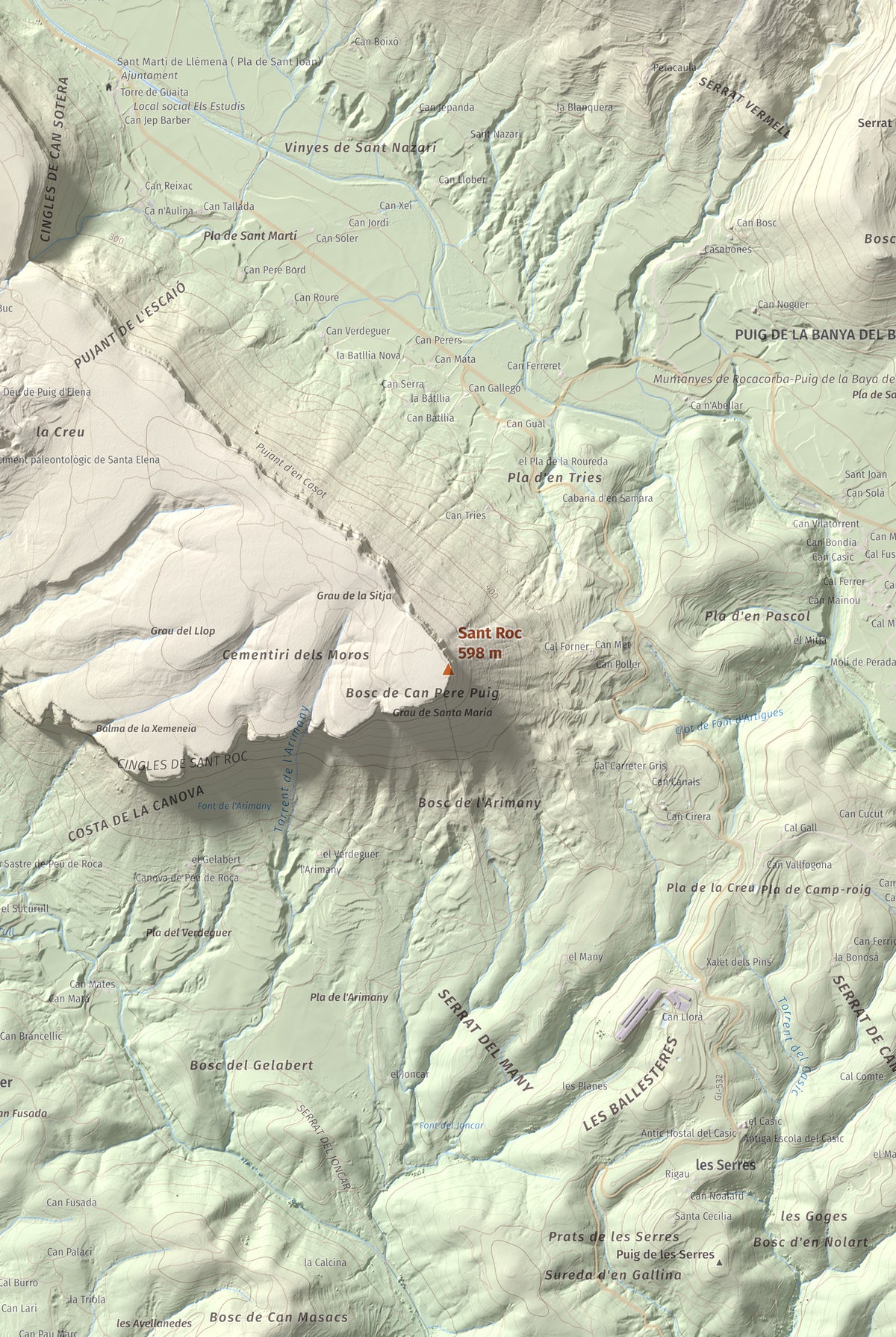 Mapa de relieve de Sant Roc, 598 m, Garrotxa · Gironès · Selva, lámina 100 Cims de Trobart. Detalle de la zona central. 61 × 91 cm.
