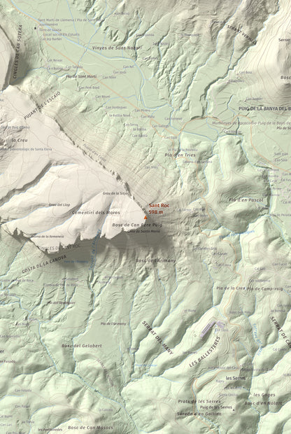 Mapa de relieve de Sant Roc, 598 m, Garrotxa · Gironès · Selva, lámina 100 Cims de Trobart. Detalle de la zona central. 61 × 91 cm.