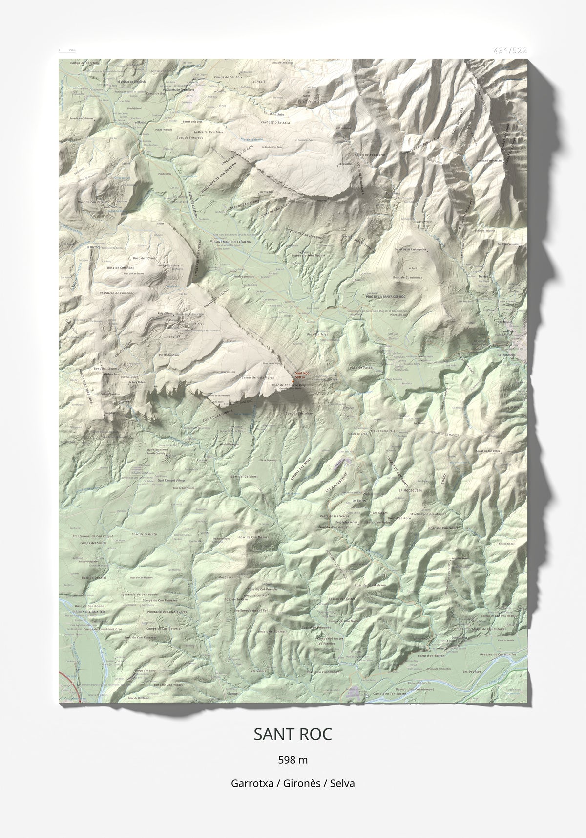 Mapa de relieve de Sant Roc, 598 m, Garrotxa · Gironès · Selva, lámina 100 Cims de Trobart 70 × 100 cm.