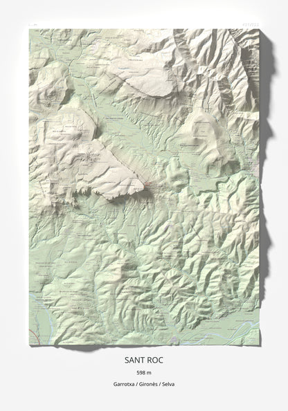 Mapa de relieve de Sant Roc, 598 m, Garrotxa · Gironès · Selva, lámina 100 Cims de Trobart 70 × 100 cm.