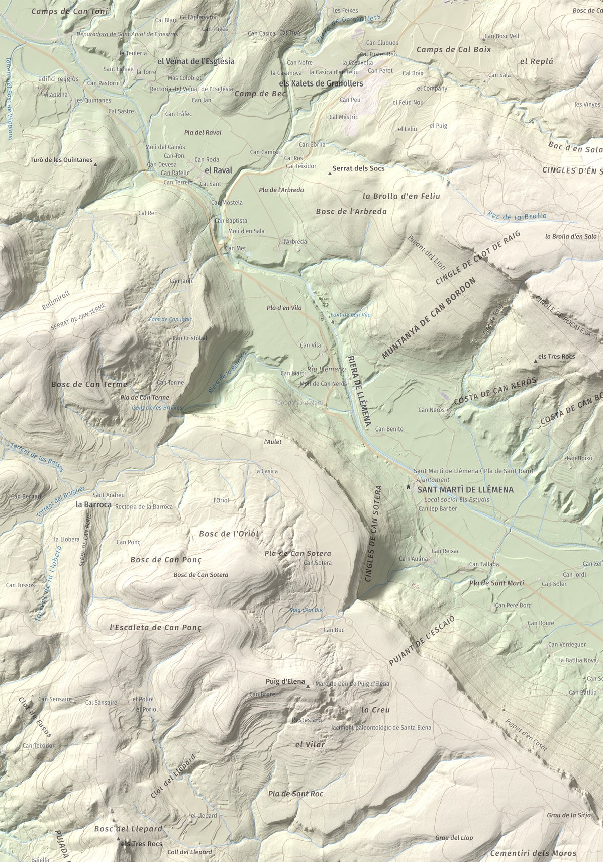 Mapa de relieve de Sant Roc, 598 m, Garrotxa · Gironès · Selva, lámina 100 Cims de Trobart. Detalle de la zona superior izquierda. 70 × 100 cm.