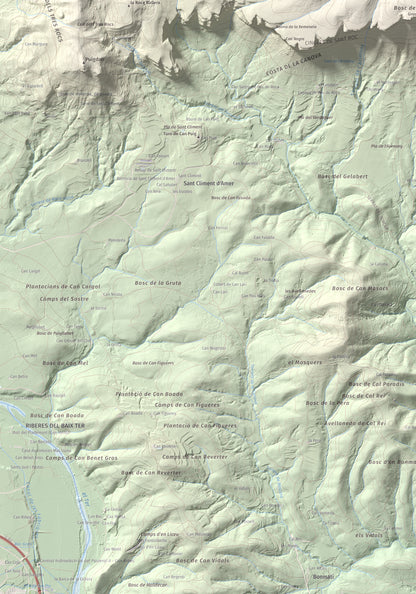 Mapa de relieve de Sant Roc, 598 m, Garrotxa · Gironès · Selva, lámina 100 Cims de Trobart. Detalle de la zona inferior izquierda. 70 × 100 cm.