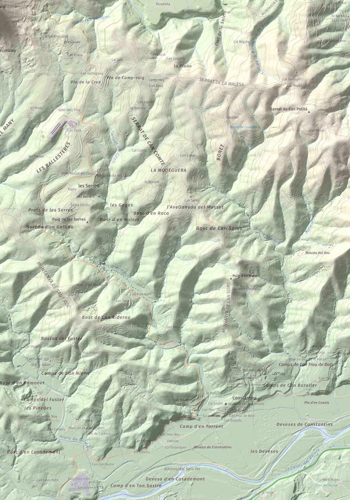 Mapa de relieve de Sant Roc, 598 m, Garrotxa · Gironès · Selva, lámina 100 Cims de Trobart. Detalle de la zona inferior derecha. 70 × 100 cm.