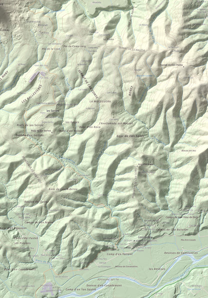 Mapa de relieve de Sant Roc, 598 m, Garrotxa · Gironès · Selva, lámina 100 Cims de Trobart. Detalle de la zona inferior derecha. 70 × 100 cm.