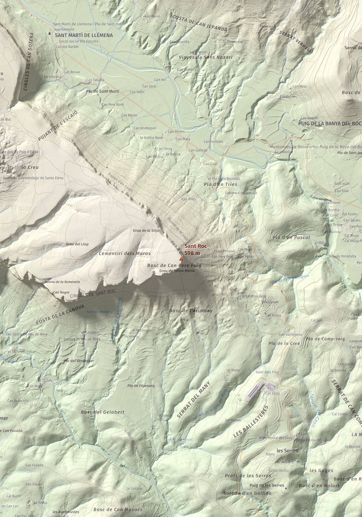 Mapa de relieve de Sant Roc, 598 m, Garrotxa · Gironès · Selva, lámina 100 Cims de Trobart. Detalle de la zona central. 70 × 100 cm.