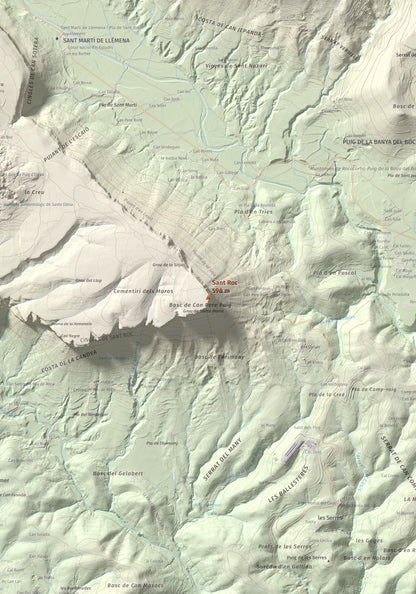 Mapa de relieve de Sant Roc, 598 m, Garrotxa · Gironès · Selva, lámina 100 Cims de Trobart. Detalle de la zona central. 70 × 100 cm.