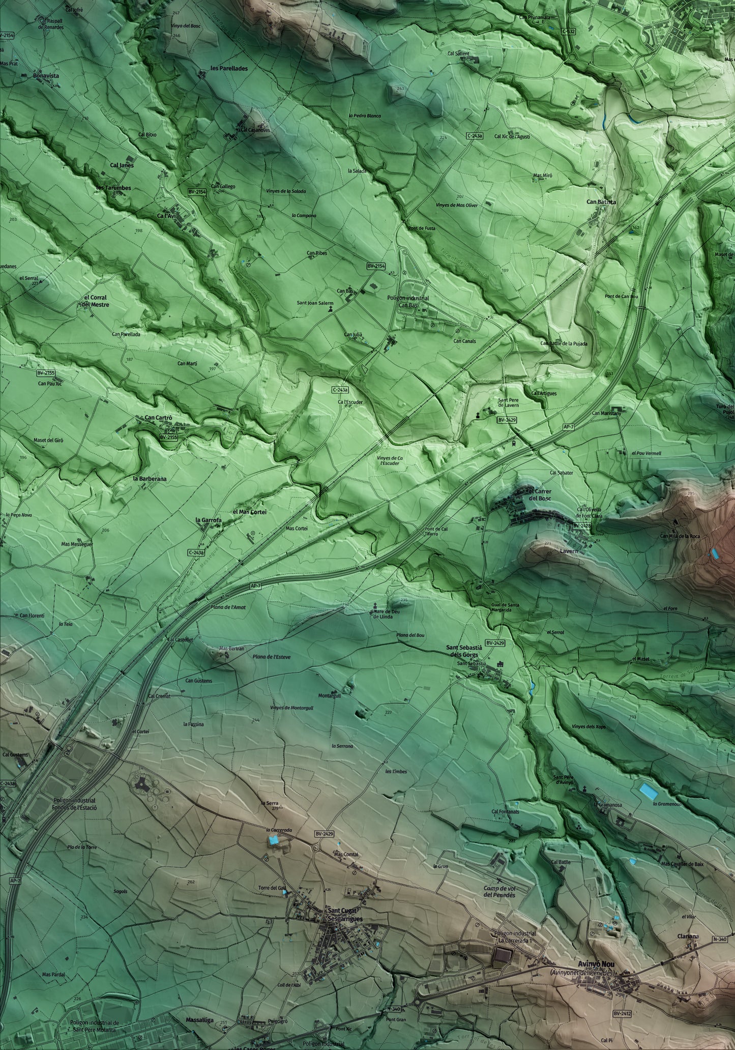 Mapa artístico del relieve de Sant Sadurní d'Anoia, al Alt Penedès, con 15 km de entorno y base topográfica ICGC. Detalle de la zona inferior izquierda.