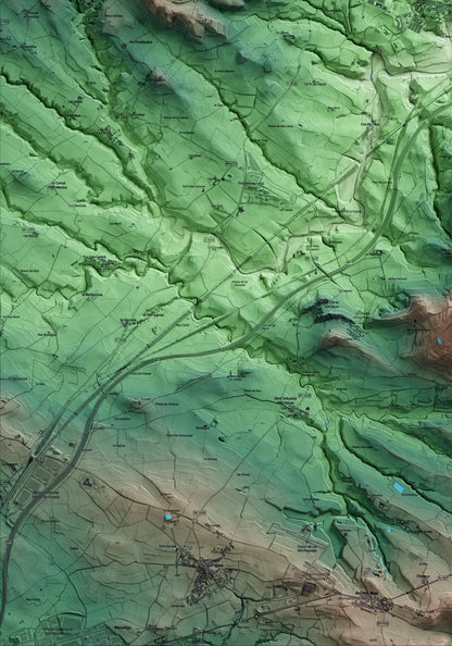 Mapa artístico del relieve de Sant Sadurní d'Anoia, al Alt Penedès, con 15 km de entorno y base topográfica ICGC. Detalle de la zona inferior izquierda.