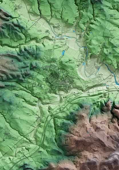 Mapa artístico del relieve de Sant Sadurní d'Anoia, al Alt Penedès, con 15 km de entorno y base topográfica ICGC. Detalle de la zona central.