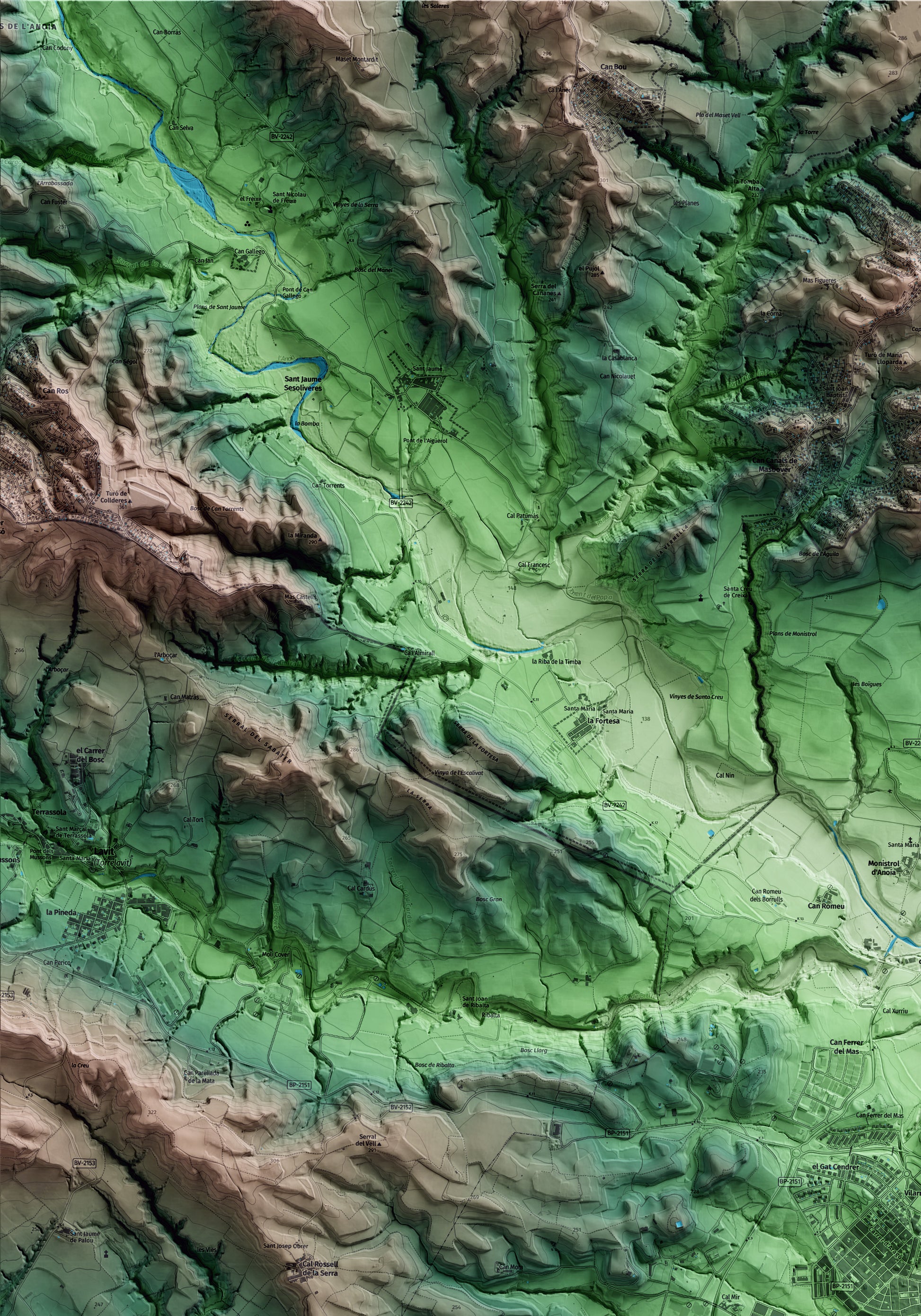 Mapa artístico del relieve de Sant Sadurní d'Anoia, al Alt Penedès, con 15 km de entorno y base topográfica ICGC. Detalle de la zona superior izquierda.