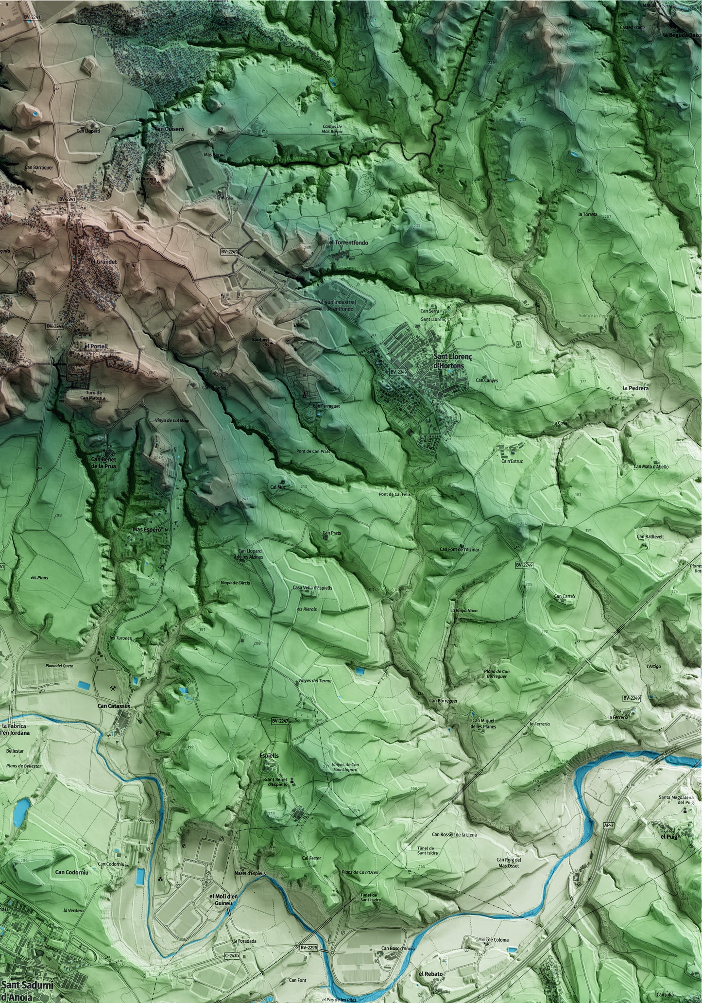 Mapa artístico del relieve de Sant Sadurní d'Anoia, al Alt Penedès, con 15 km de entorno y base topográfica ICGC. Detalle de la zona superior derecha.