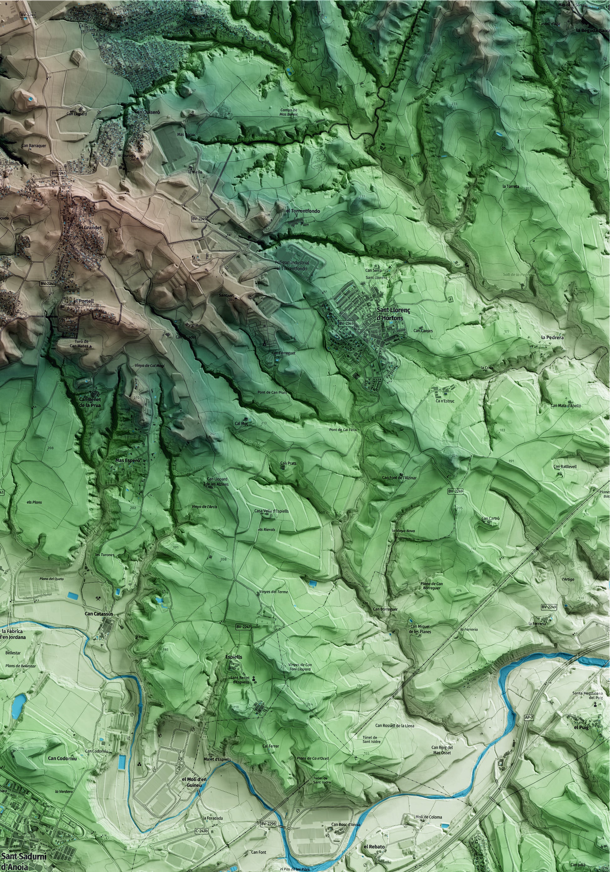 Mapa artístico del relieve de Sant Sadurní d'Anoia, al Alt Penedès, con 15 km de entorno y base topográfica ICGC. Detalle de la zona superior derecha.
