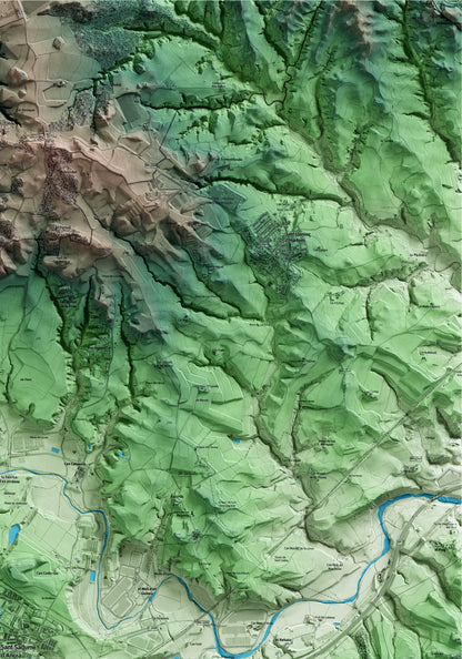 Mapa artístico del relieve de Sant Sadurní d'Anoia, al Alt Penedès, con 15 km de entorno y base topográfica ICGC. Detalle de la zona superior derecha.