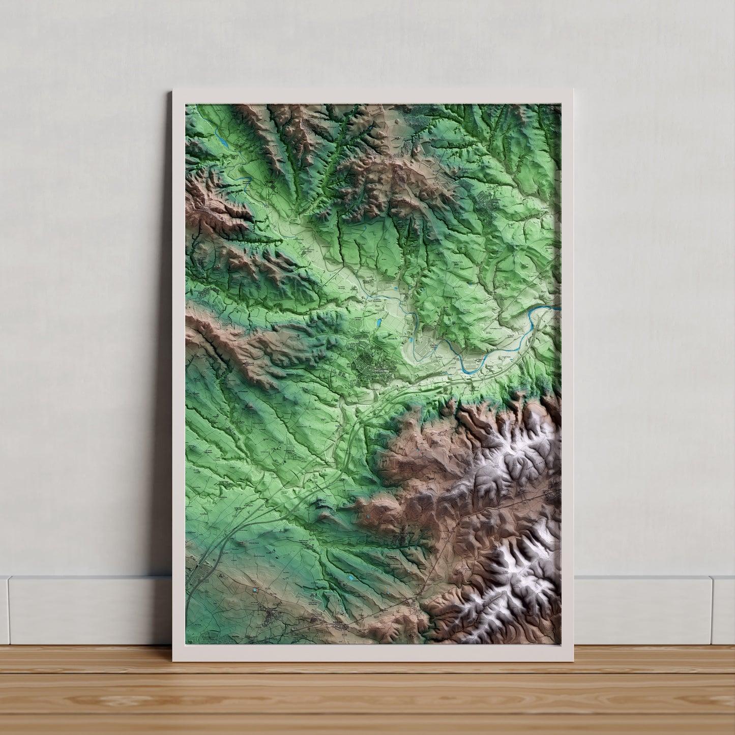 Mapa artístico del relieve de Sant Sadurní d'Anoia, al Alt Penedès, con 15 km de entorno y base topográfica ICGC. Presentación enmarcada.