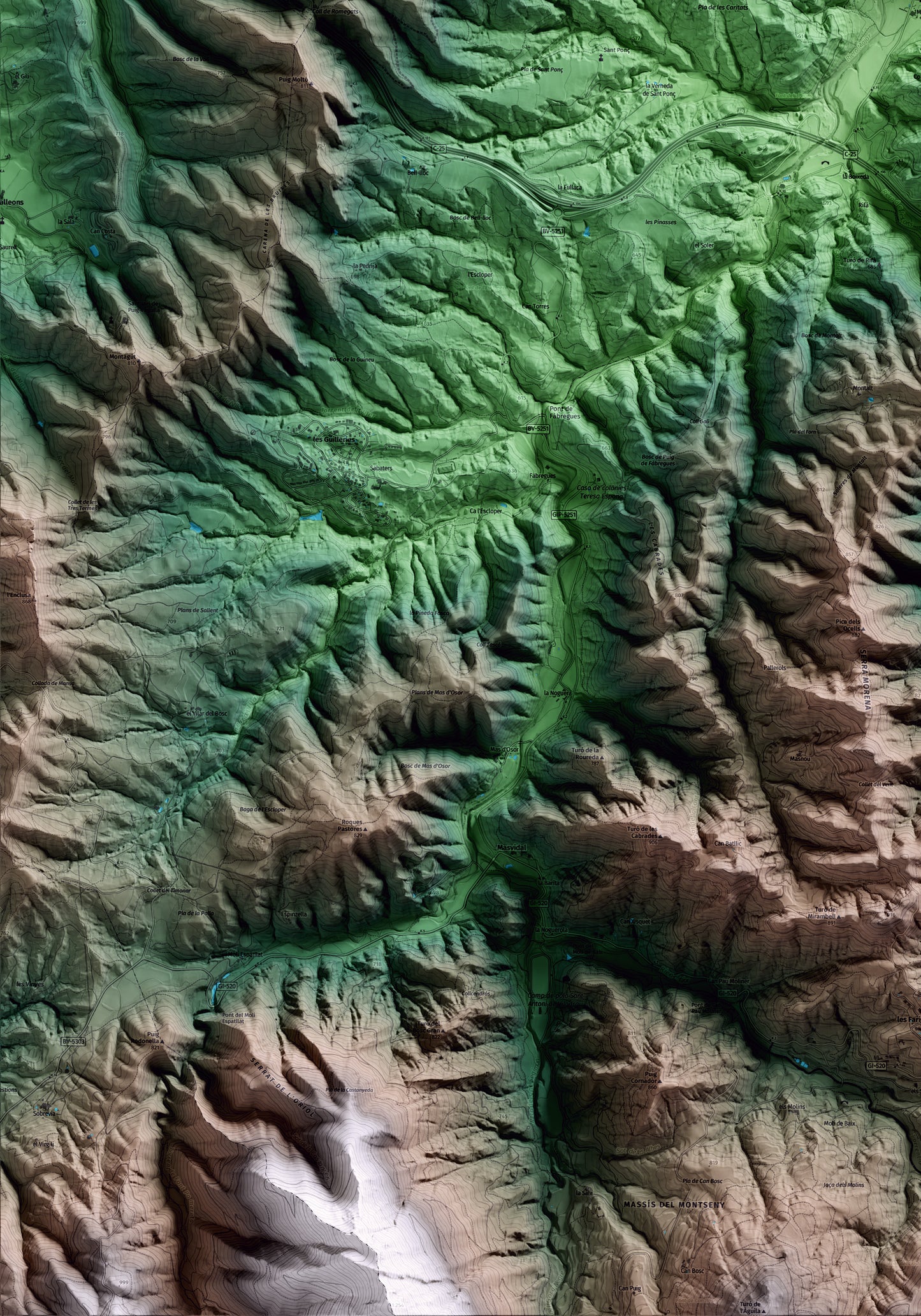 Mapa artístico del relieve de Sant Sadurní d'Osormort, a Osona, con 15 km de entorno y base topográfica ICGC. Detalle de la zona inferior izquierda.