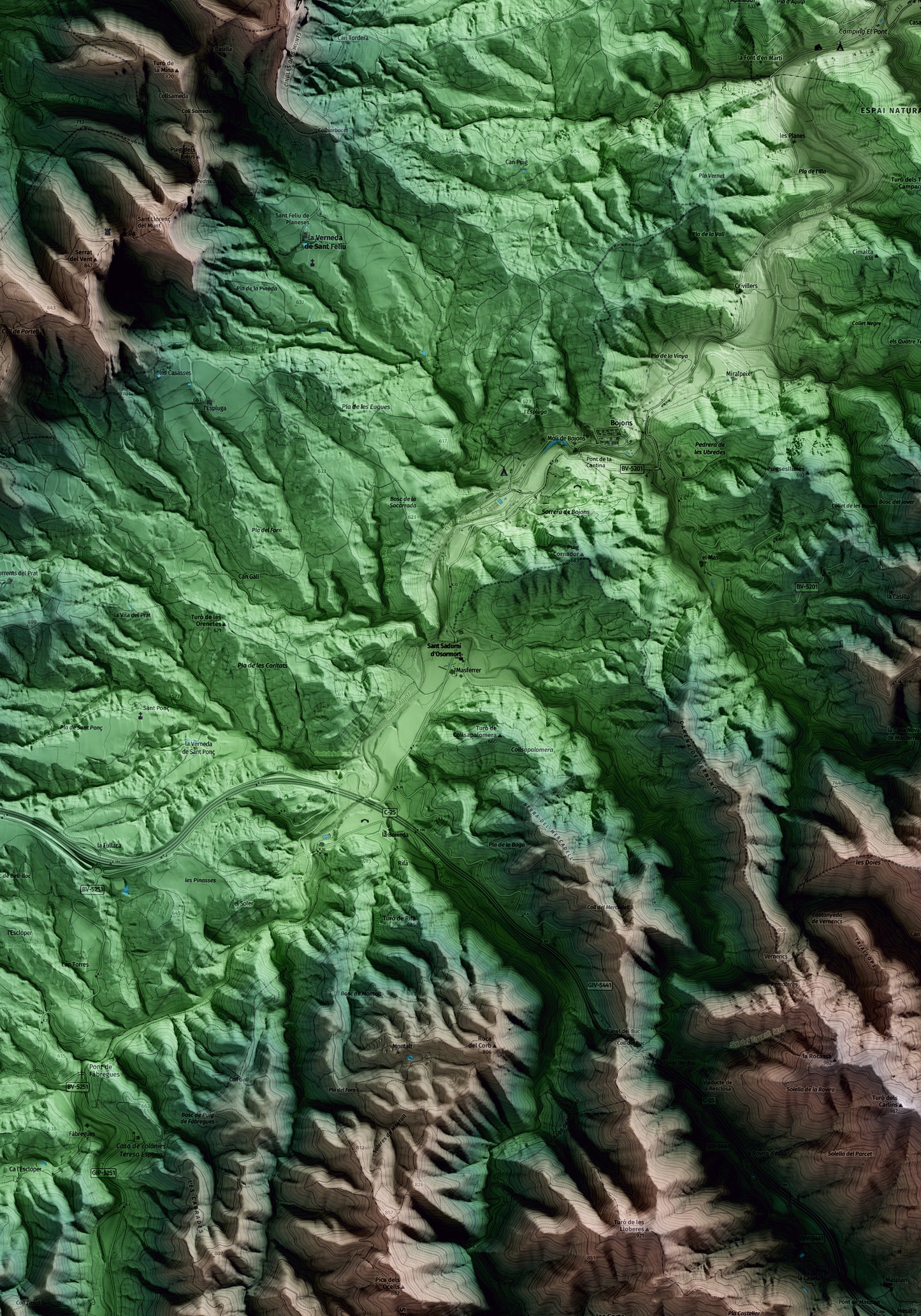 Mapa artístico del relieve de Sant Sadurní d'Osormort, a Osona, con 15 km de entorno y base topográfica ICGC. Detalle de la zona central.