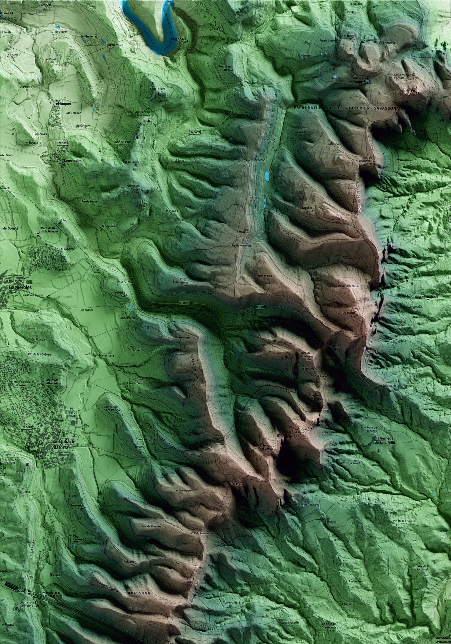 Mapa artístico del relieve de Sant Sadurní d'Osormort, a Osona, con 15 km de entorno y base topográfica ICGC. Detalle de la zona superior izquierda.