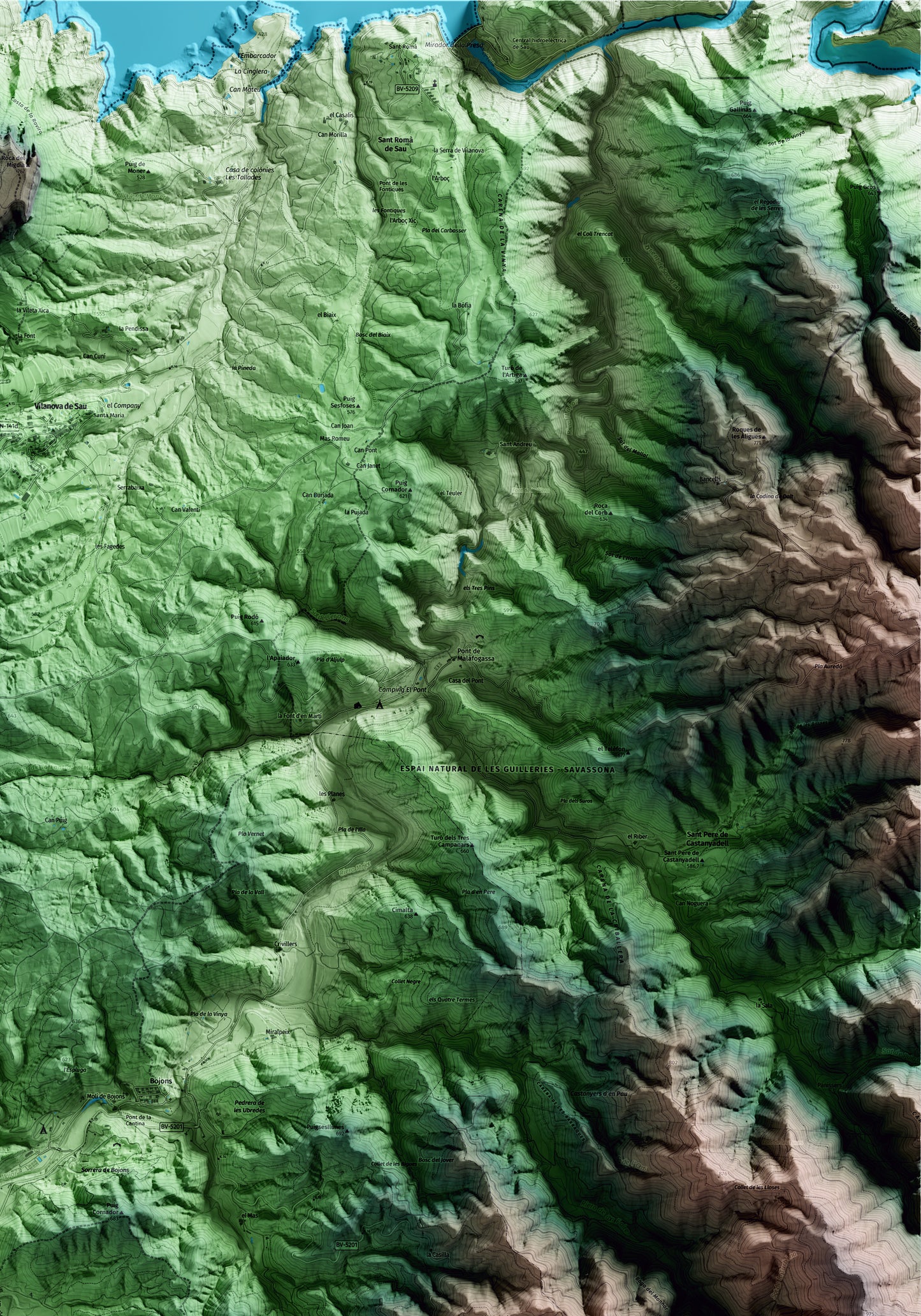 Mapa artístico del relieve de Sant Sadurní d'Osormort, a Osona, con 15 km de entorno y base topográfica ICGC. Detalle de la zona superior derecha.