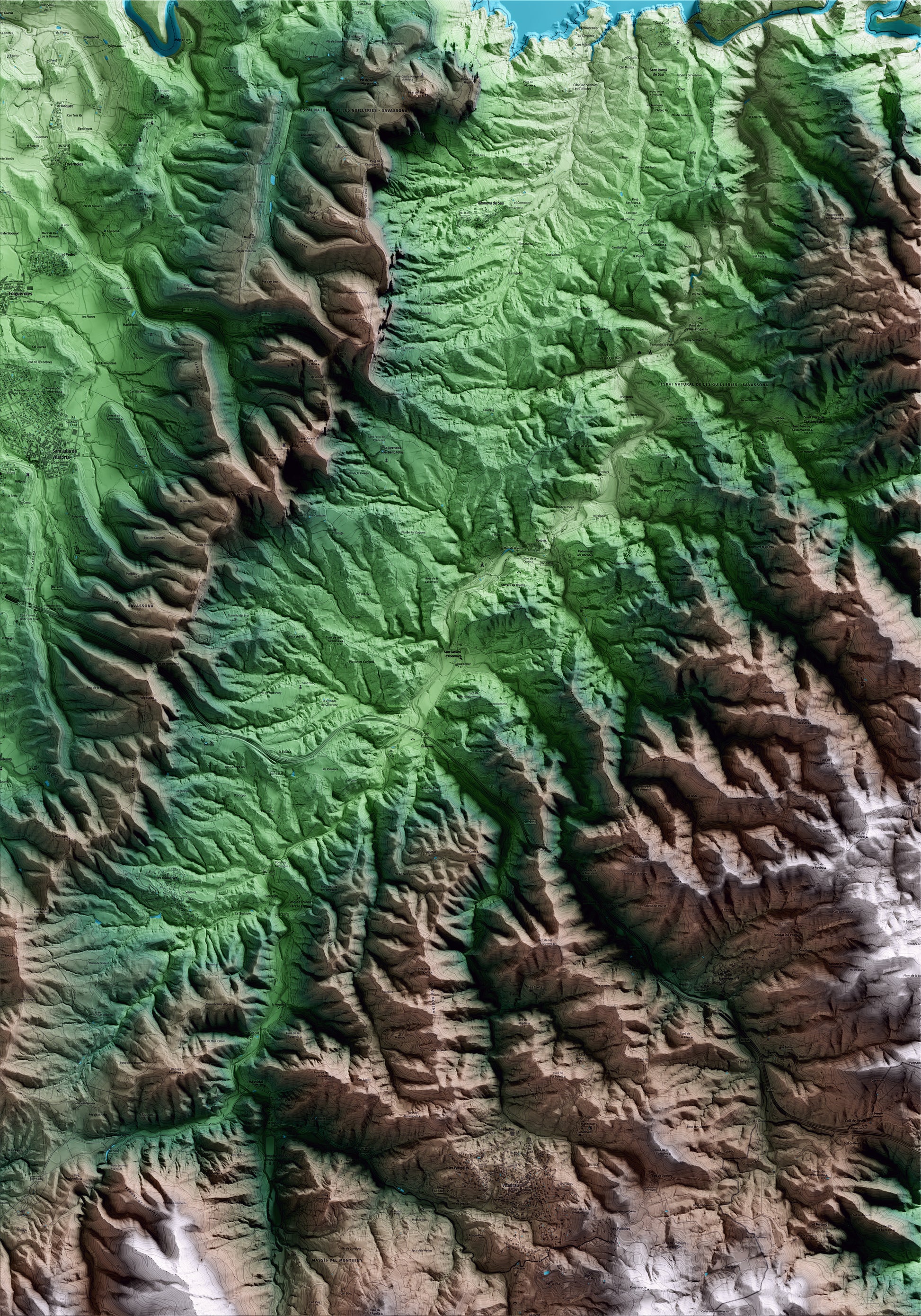 Mapa artístico del relieve de Sant Sadurní d'Osormort, a Osona, con 15 km de entorno y base topográfica ICGC
