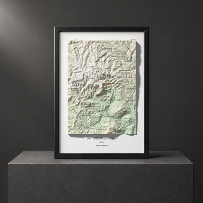 Mapa de relieve de Sant Sadurní de Gallifa, 942 m, Vallès Occidental, lámina 100 Cims de Trobart. Presentación enmarcada. 21 × 30 cm.