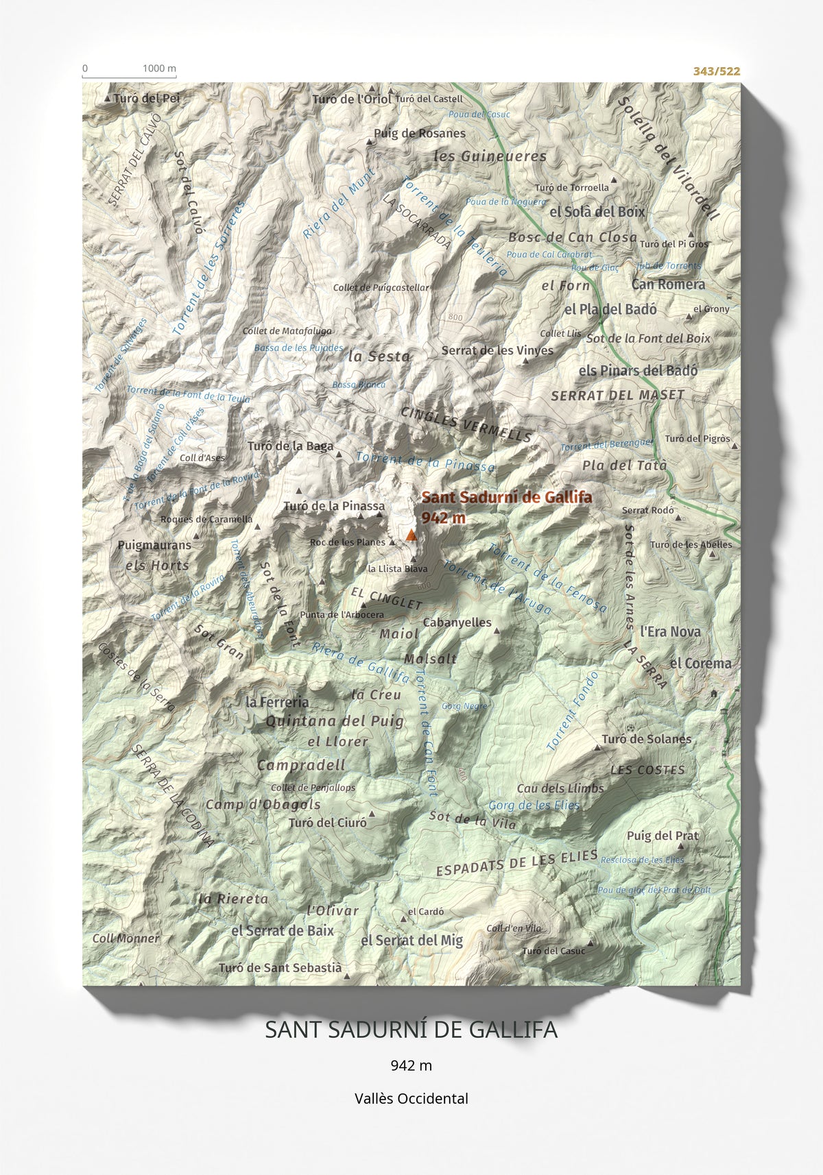 Mapa de relieve de Sant Sadurní de Gallifa, 942 m, Vallès Occidental, lámina 100 Cims de Trobart 21 × 30 cm.