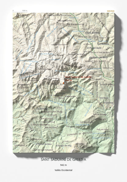 Mapa de relieve de Sant Sadurní de Gallifa, 942 m, Vallès Occidental, lámina 100 Cims de Trobart 21 × 30 cm.