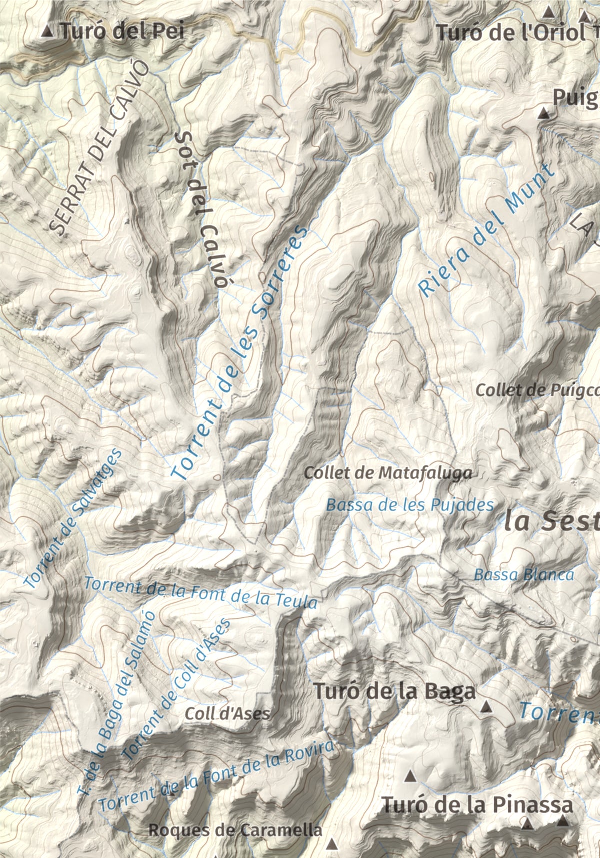 Mapa de relieve de Sant Sadurní de Gallifa, 942 m, Vallès Occidental, lámina 100 Cims de Trobart. Detalle de la zona superior izquierda. 21 × 30 cm.