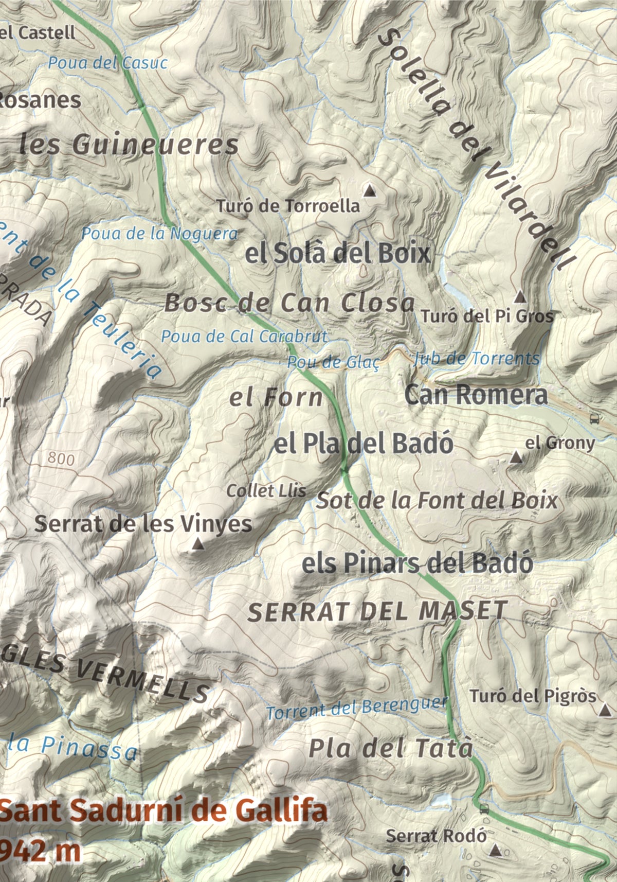 Mapa de relieve de Sant Sadurní de Gallifa, 942 m, Vallès Occidental, lámina 100 Cims de Trobart. Detalle de la zona superior derecha. 21 × 30 cm.