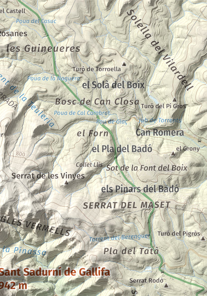 Mapa de relieve de Sant Sadurní de Gallifa, 942 m, Vallès Occidental, lámina 100 Cims de Trobart. Detalle de la zona superior derecha. 21 × 30 cm.