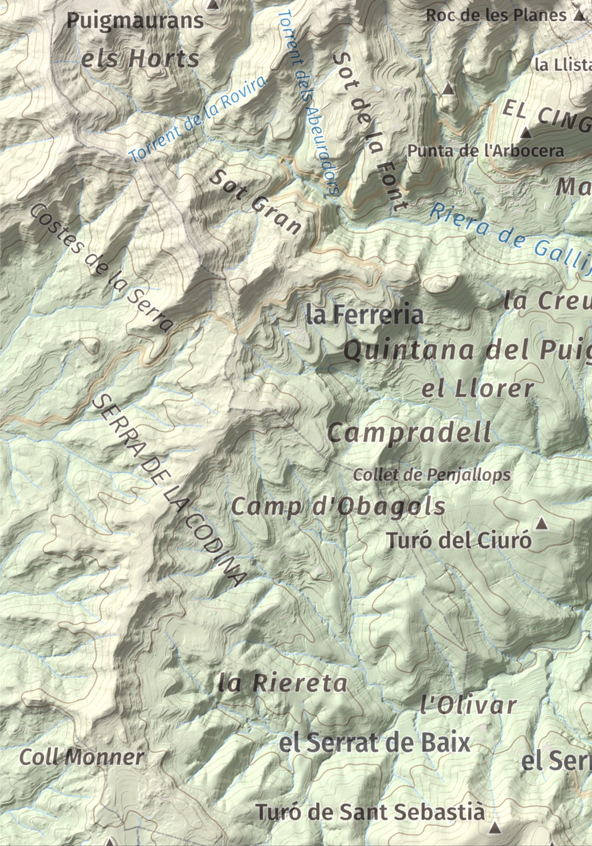 Mapa de relieve de Sant Sadurní de Gallifa, 942 m, Vallès Occidental, lámina 100 Cims de Trobart. Detalle de la zona inferior izquierda. 21 × 30 cm.