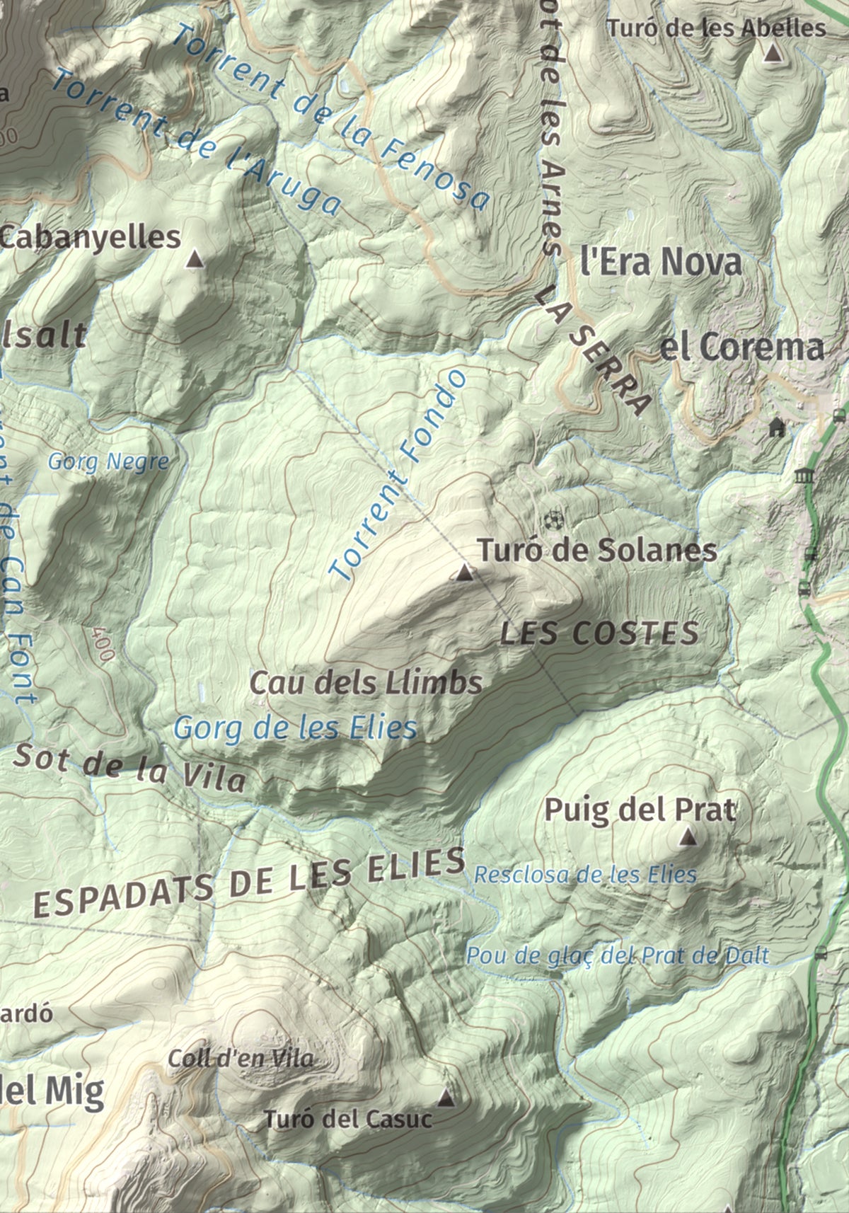 Mapa de relieve de Sant Sadurní de Gallifa, 942 m, Vallès Occidental, lámina 100 Cims de Trobart. Detalle de la zona inferior derecha. 21 × 30 cm.