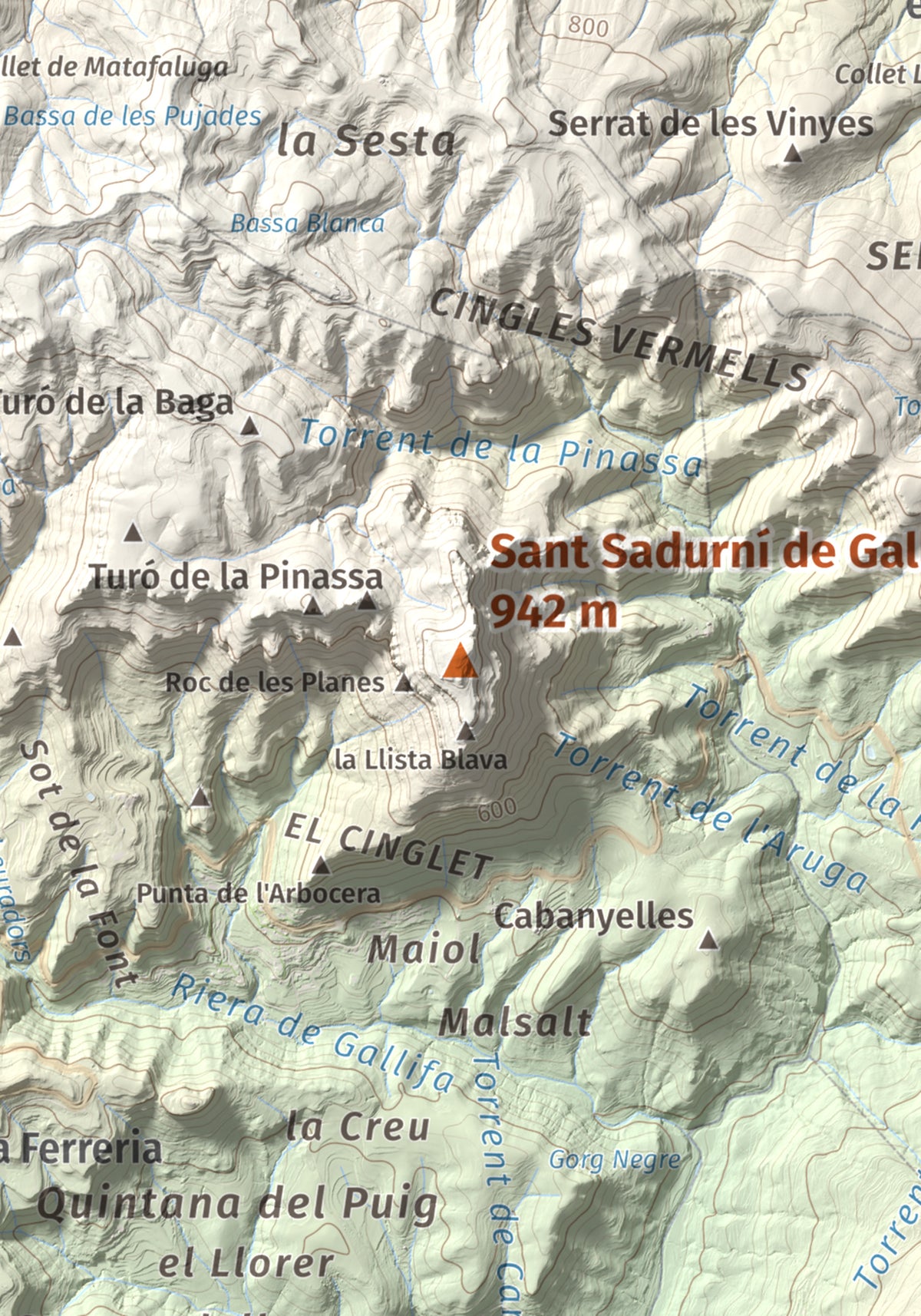 Mapa de relieve de Sant Sadurní de Gallifa, 942 m, Vallès Occidental, lámina 100 Cims de Trobart. Detalle de la zona central. 21 × 30 cm.