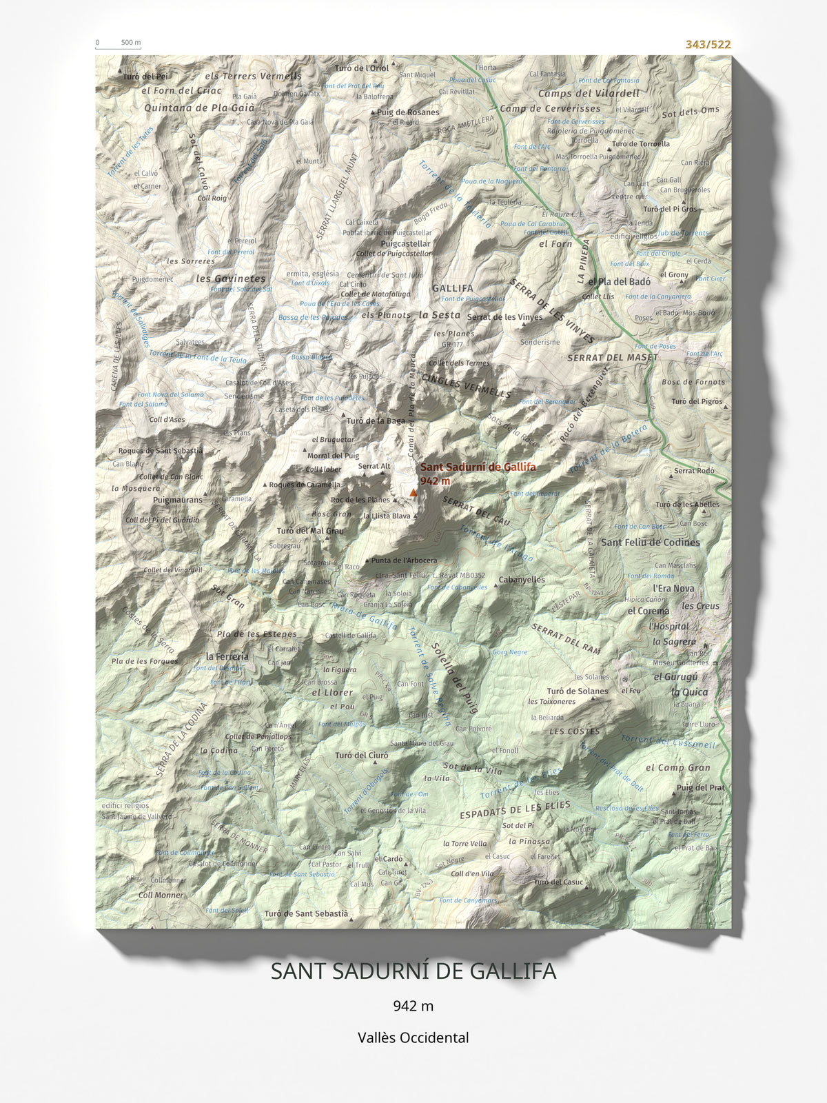 Mapa de relieve de Sant Sadurní de Gallifa, 942 m, Vallès Occidental, lámina 100 Cims de Trobart 30 × 40 cm.