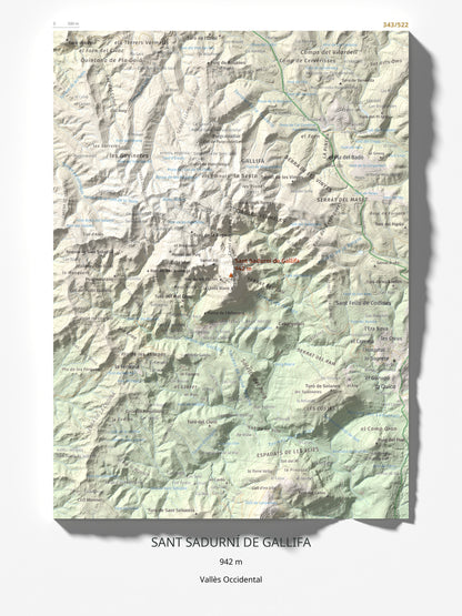 Mapa de relieve de Sant Sadurní de Gallifa, 942 m, Vallès Occidental, lámina 100 Cims de Trobart 30 × 40 cm.