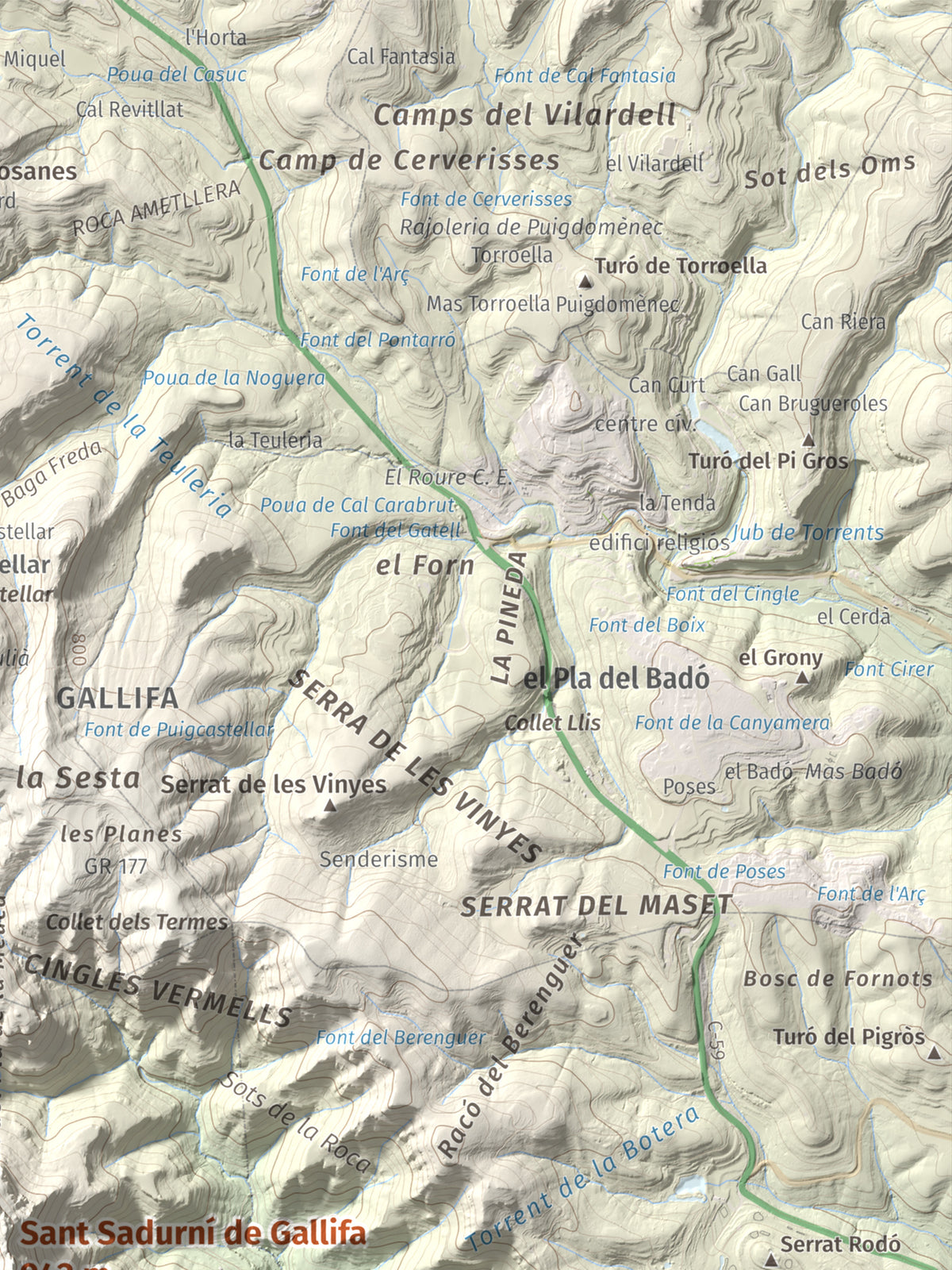Mapa de relieve de Sant Sadurní de Gallifa, 942 m, Vallès Occidental, lámina 100 Cims de Trobart. Detalle de la zona superior derecha. 30 × 40 cm.