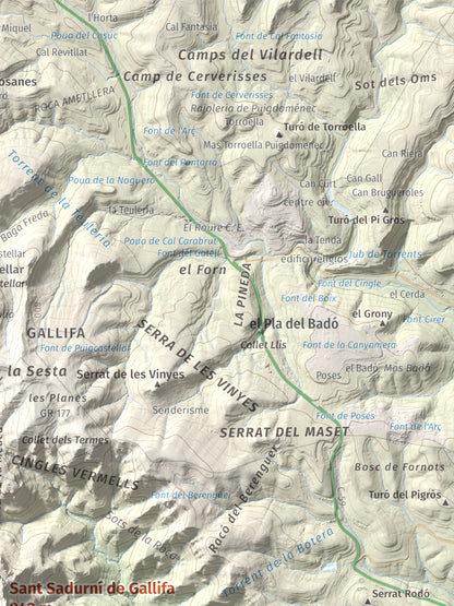 Mapa de relieve de Sant Sadurní de Gallifa, 942 m, Vallès Occidental, lámina 100 Cims de Trobart. Detalle de la zona superior derecha. 30 × 40 cm.