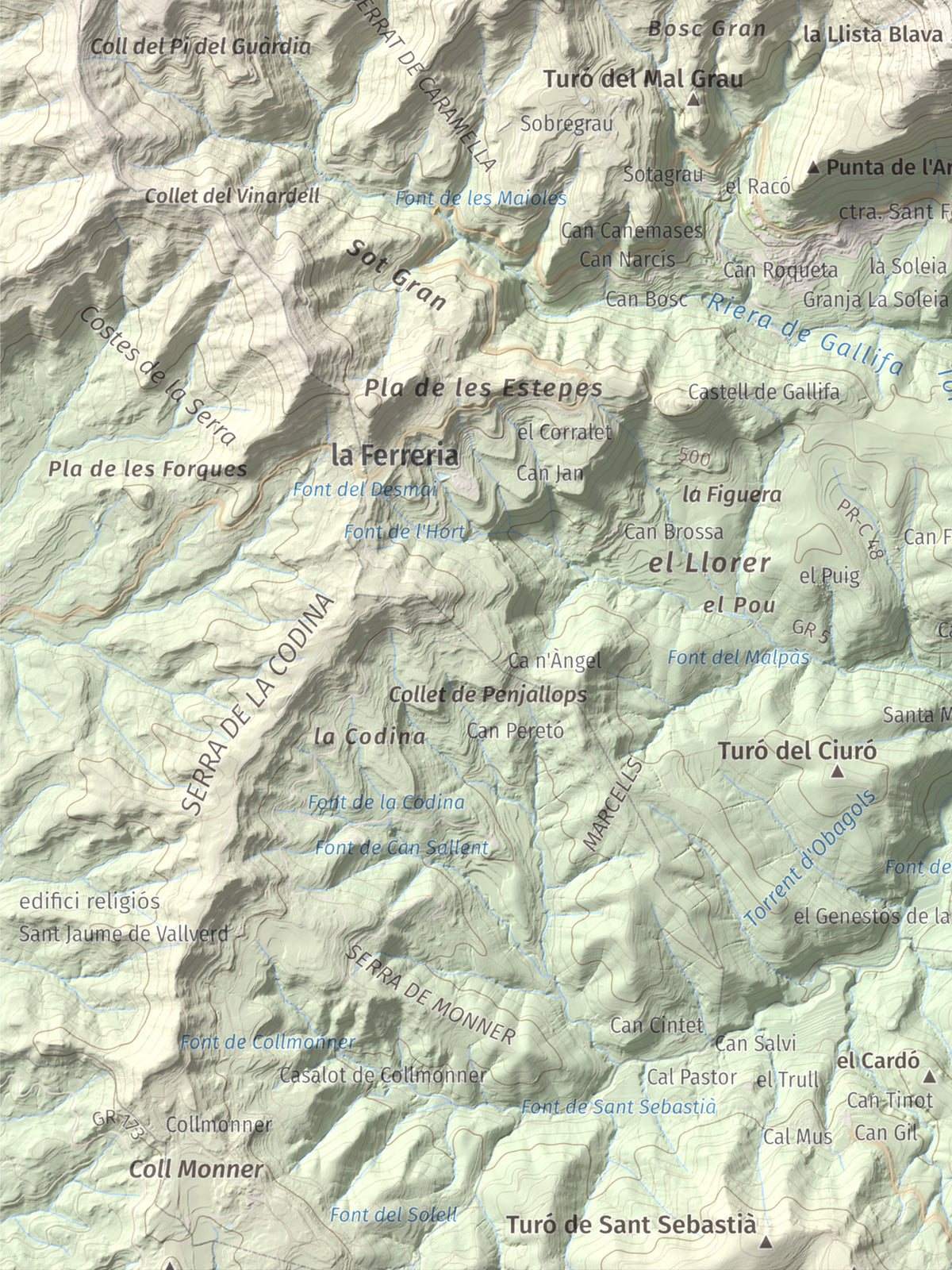 Mapa de relieve de Sant Sadurní de Gallifa, 942 m, Vallès Occidental, lámina 100 Cims de Trobart. Detalle de la zona inferior izquierda. 30 × 40 cm.