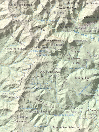 Mapa de relieve de Sant Sadurní de Gallifa, 942 m, Vallès Occidental, lámina 100 Cims de Trobart. Detalle de la zona inferior izquierda. 30 × 40 cm.
