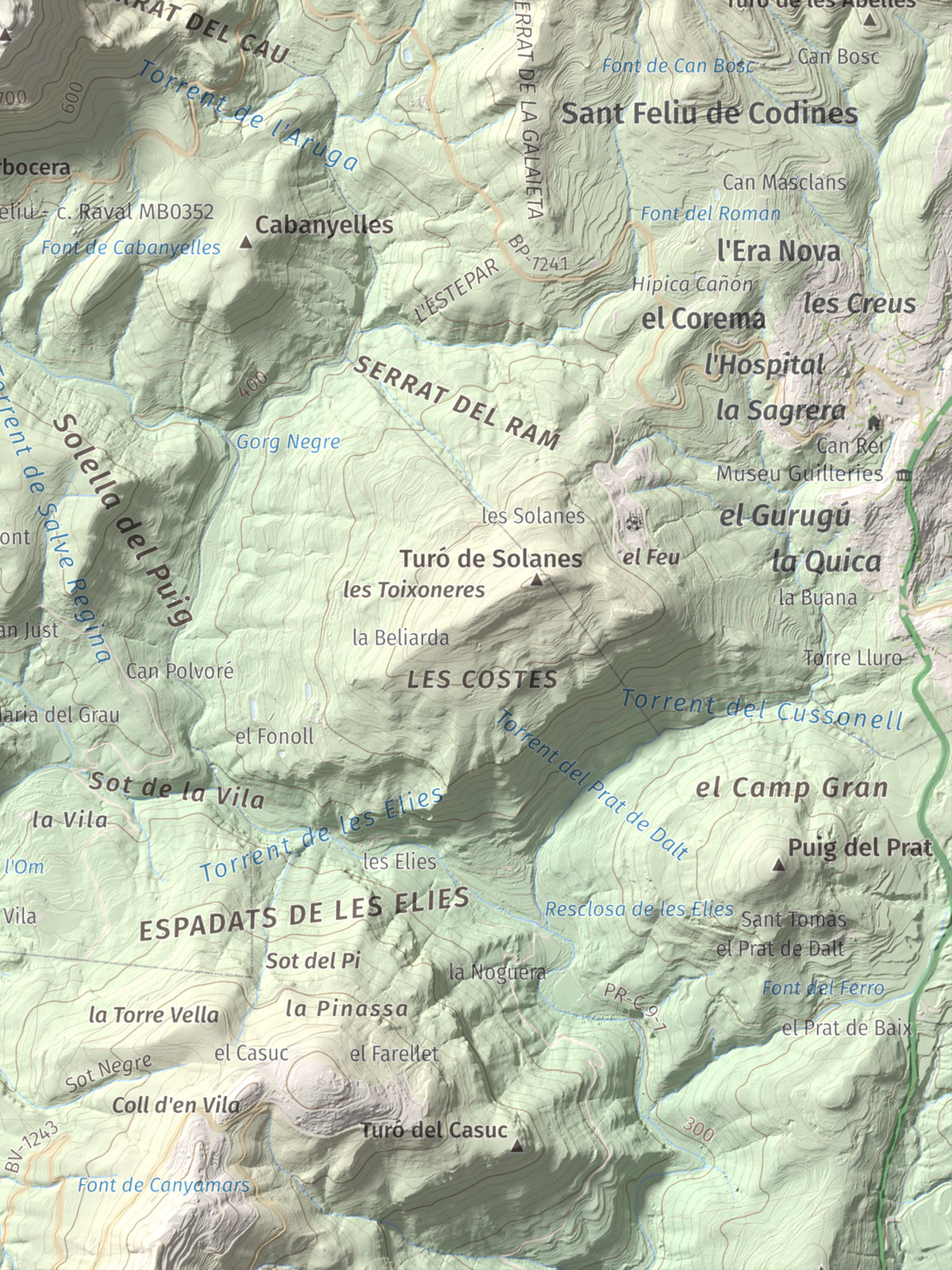 Mapa de relieve de Sant Sadurní de Gallifa, 942 m, Vallès Occidental, lámina 100 Cims de Trobart. Detalle de la zona inferior derecha. 30 × 40 cm.