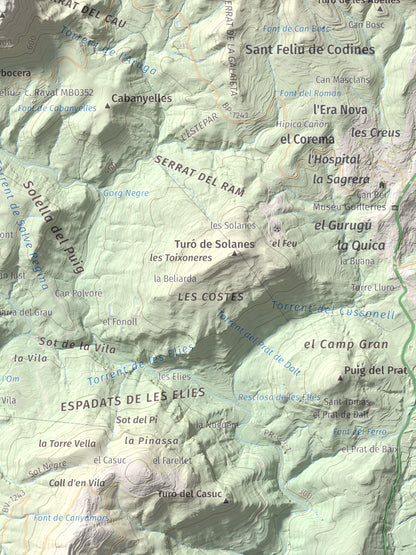 Mapa de relieve de Sant Sadurní de Gallifa, 942 m, Vallès Occidental, lámina 100 Cims de Trobart. Detalle de la zona inferior derecha. 30 × 40 cm.