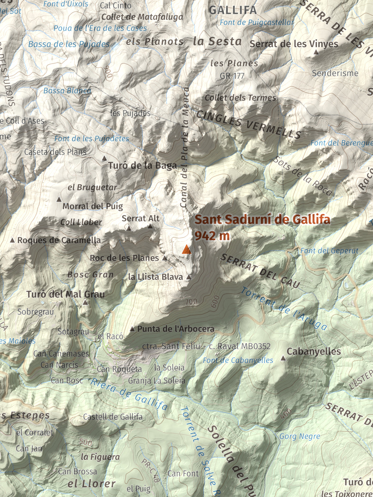 Mapa de relieve de Sant Sadurní de Gallifa, 942 m, Vallès Occidental, lámina 100 Cims de Trobart. Detalle de la zona central. 30 × 40 cm.